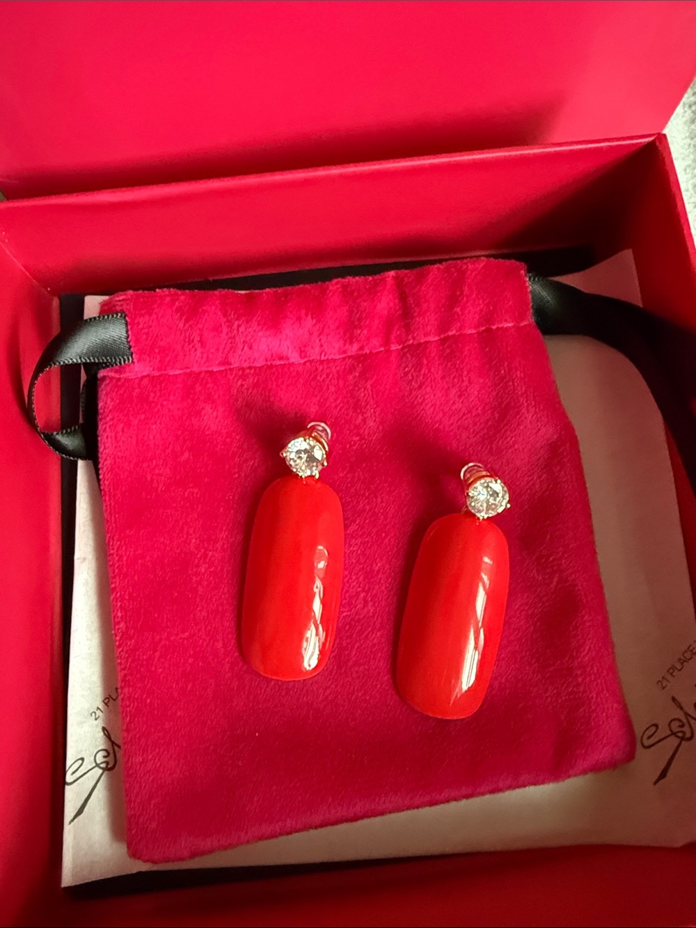 Schiaparelli Red Oval Drop Earrings with Crystal Detail - Picture 2 of 4